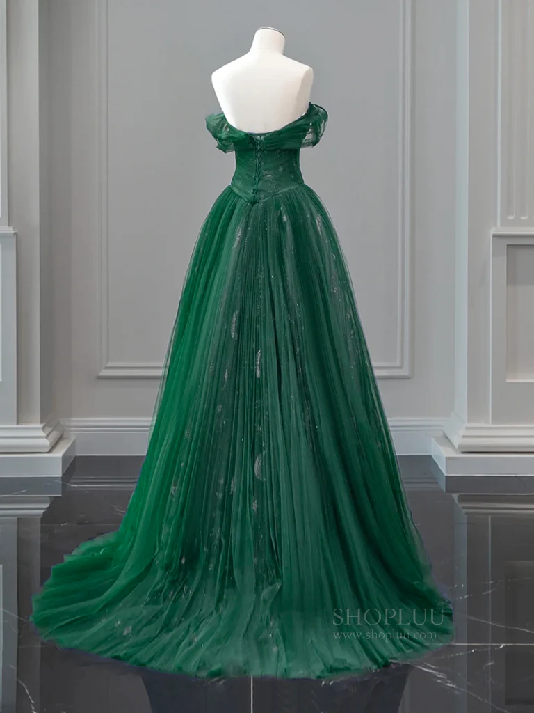 A-Line Off Shoulder Tulle Lace Green Long Prom Dress, Green Long Evening Dress - Deanwangkt