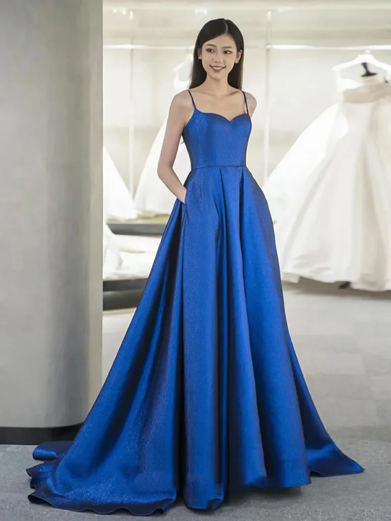 A-Line Sweetheart Neck Satin Blue Long Prom Dress, Blue Long Formal Dress - Deanwangkt
