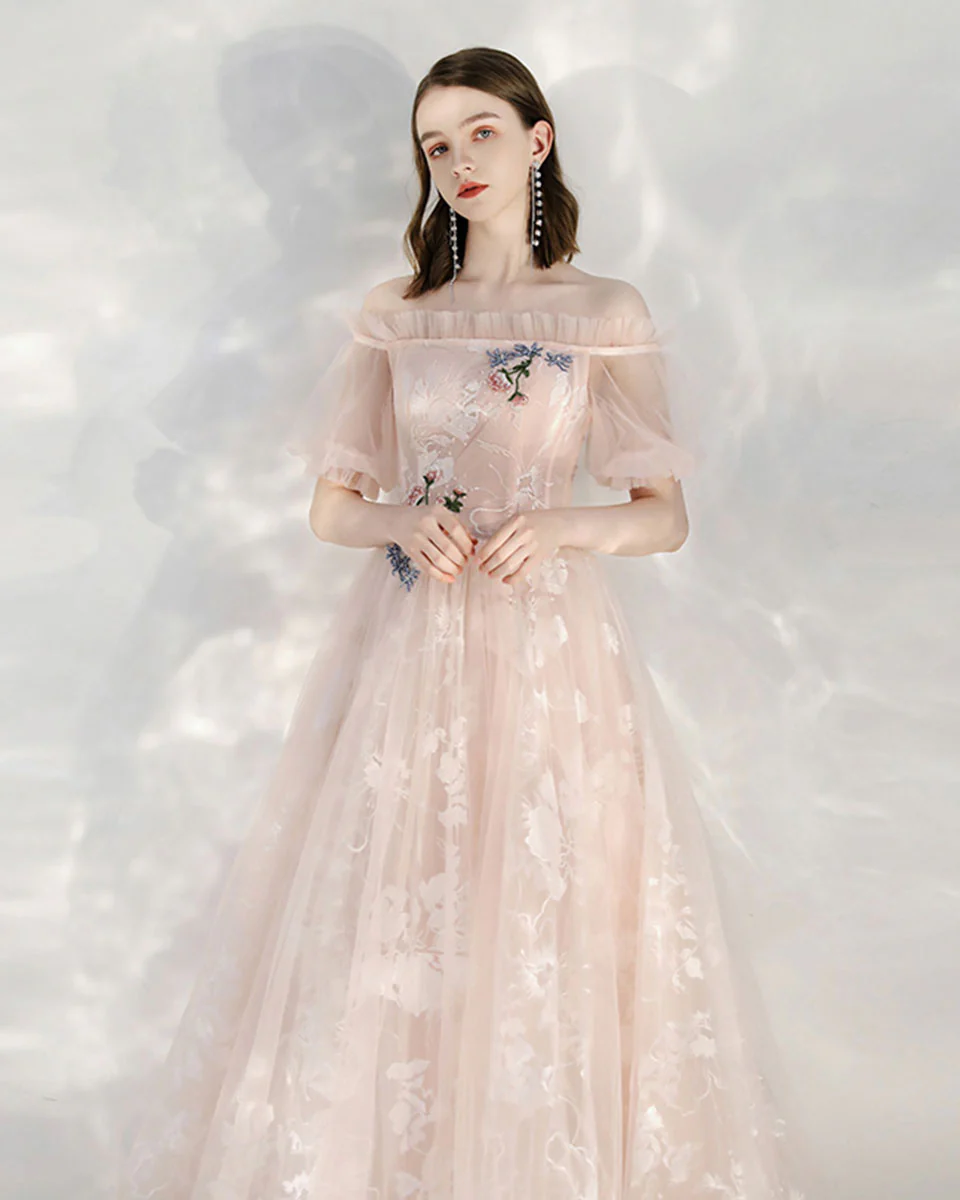 Pink Tulle Lace Off Shoulder Long Prom Dress Tulle Lace Evening Dress - Deanwangkt