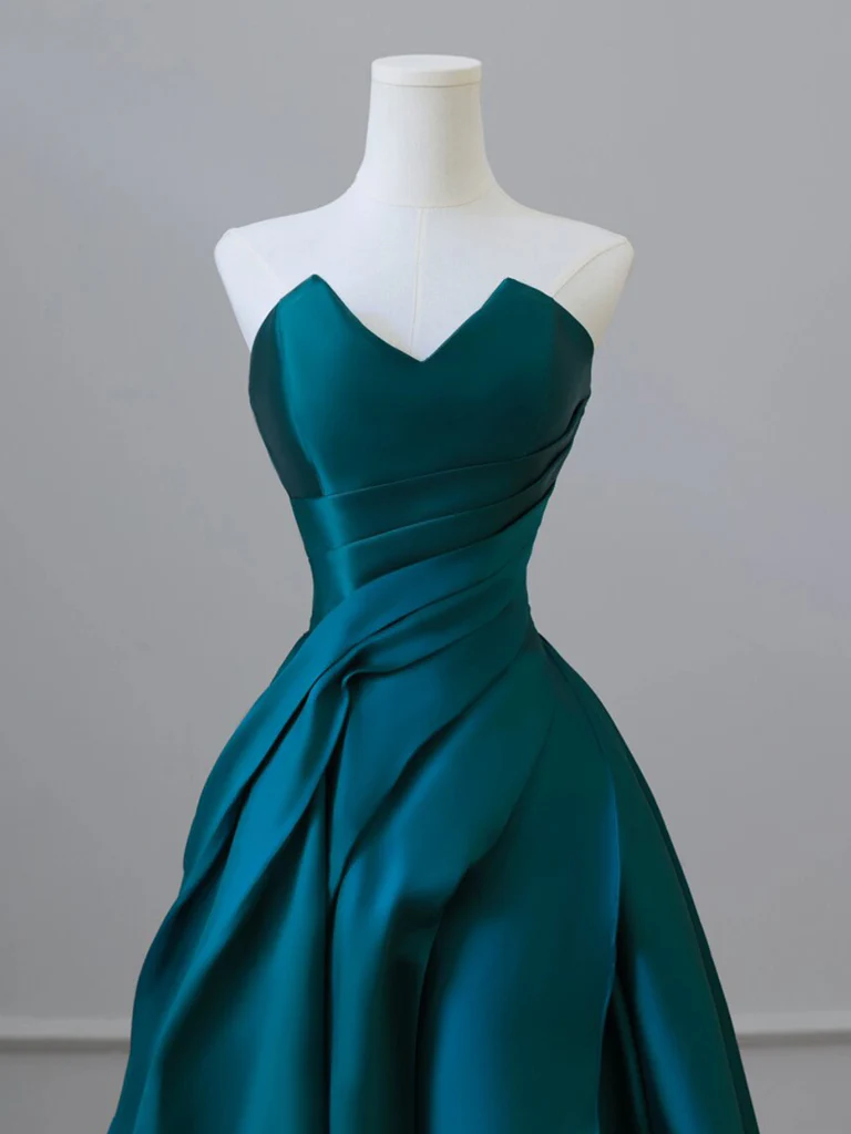 A-Line Strapless Satin Peacock Blue Long Prom Dress, Simple Peacock Blue Evening Dress - Deanwangkt