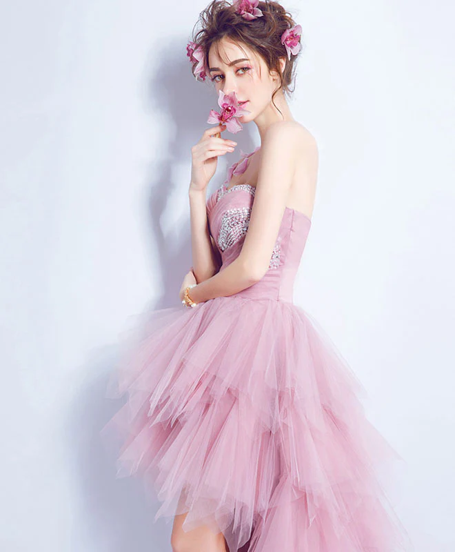 Pink Sweetheart Tulle High Low Prom Dress, Pink Evening Dress - Deanwangkt