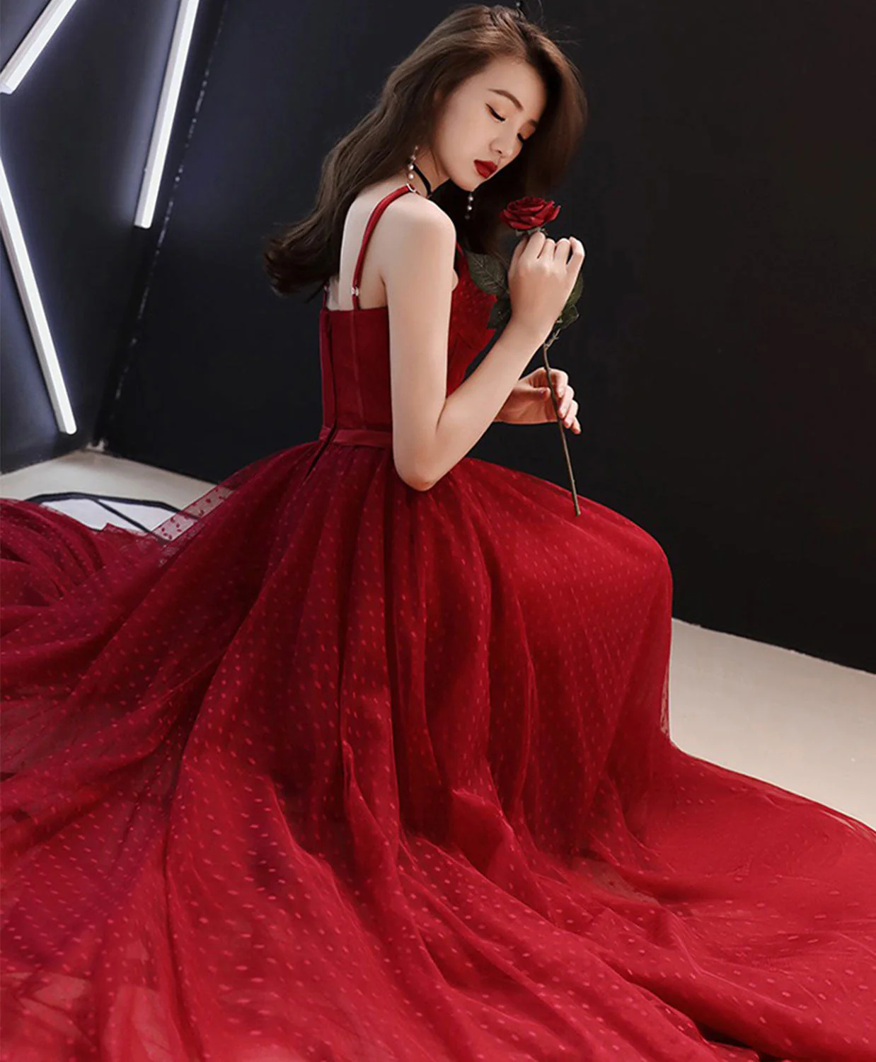 Burgundy Tulle Lace Long Prom Dress, Burgundy Evening Dress - Deanwangkt
