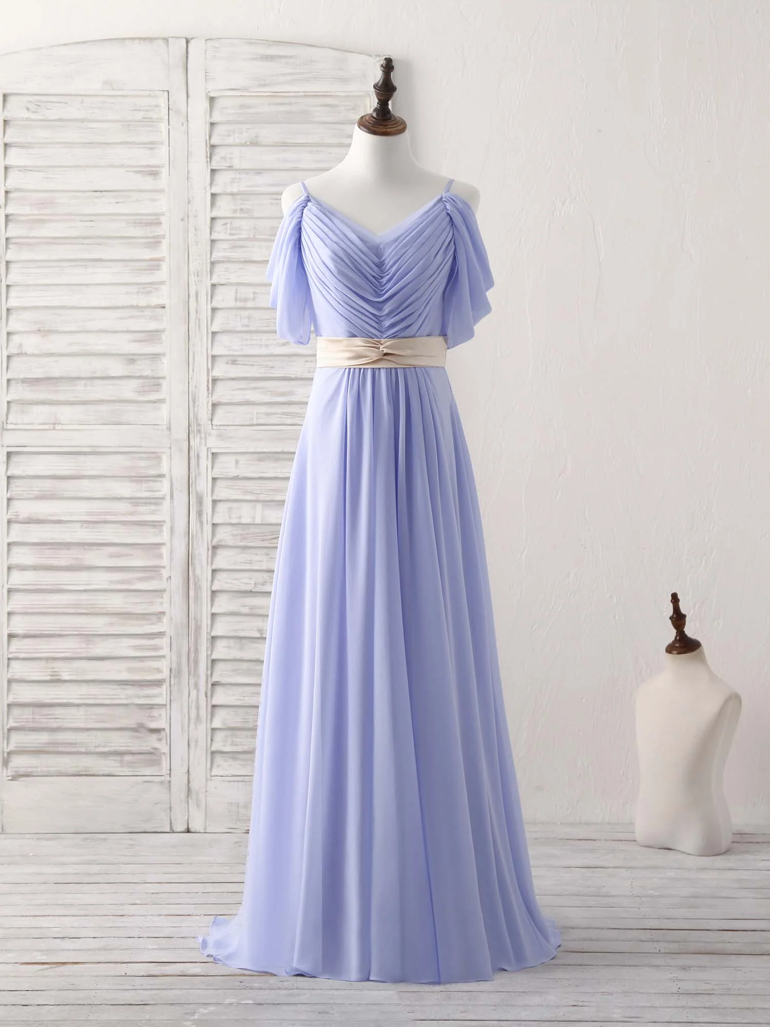 Simple V Neck Off Shoulder Chiffon Long Prom Dress Evening Dress - Deanwangkt