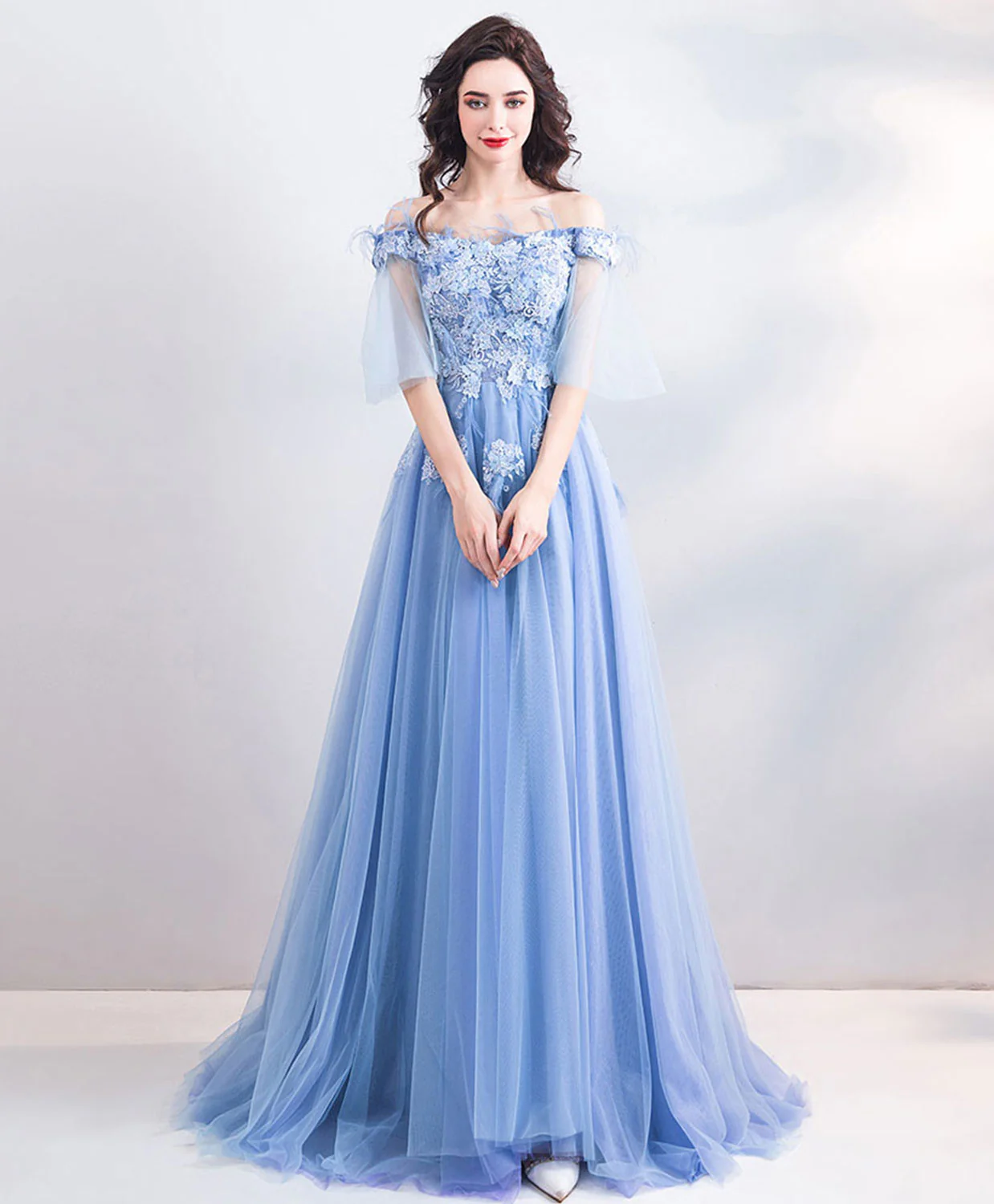 Unique Blue Tulle Off Shoulder Long Prom Dress, Blue Evening Dress - Deanwangkt