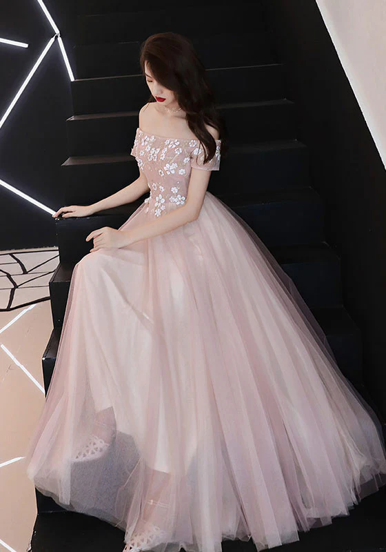 Pink Tulle Lace Long Prom Dress, Pink Bridesmaid Dress - Deanwangkt