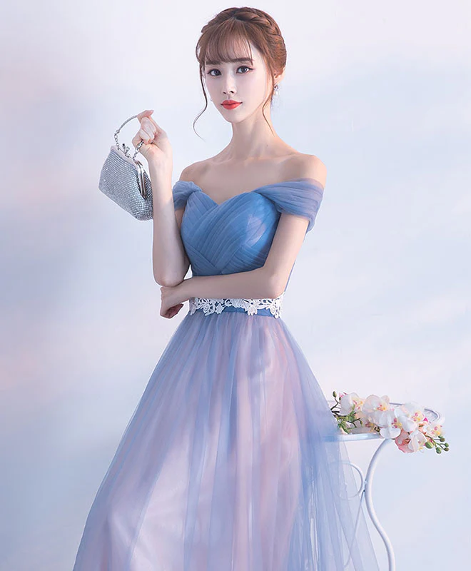 Gray Blue Tulle Long Prom Dress, Gray Blue Tulle Bridesmaid Dress - Deanwangkt