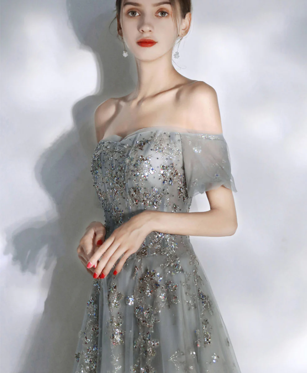 Gray Tulle Sequin Long Prom Dress Tulle Formal Dress - Deanwangkt