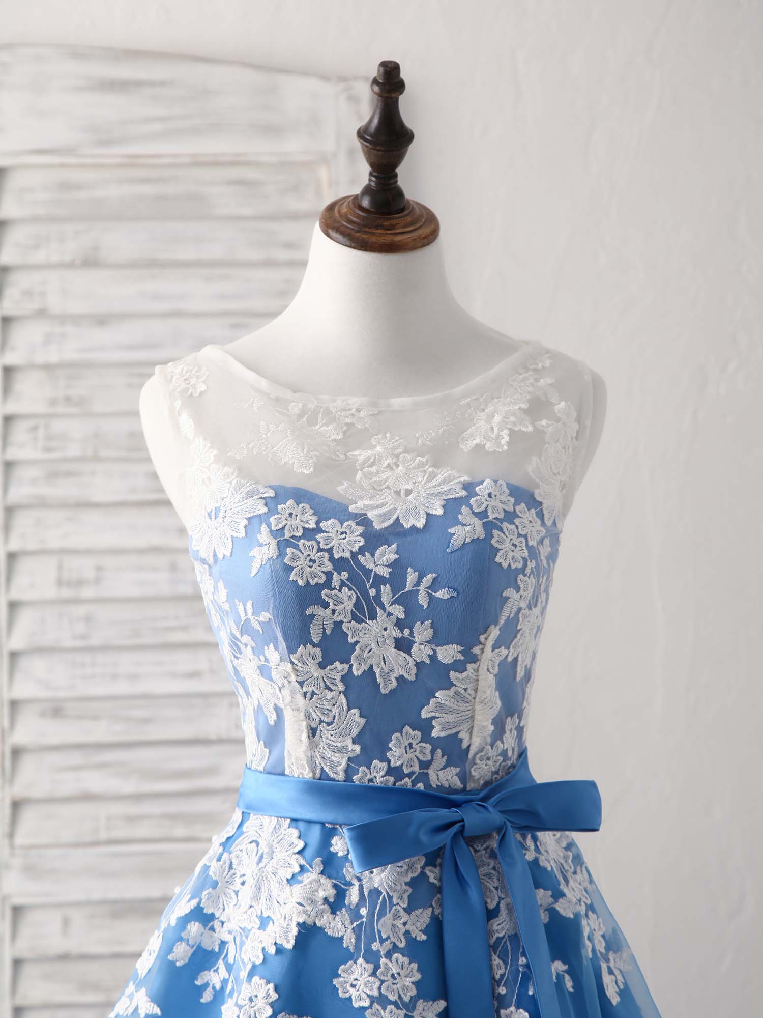 Blue Round Neck Tulle Lace Applique Tea Long Prom Dress, Bridesmaid Dress - Deanwangkt