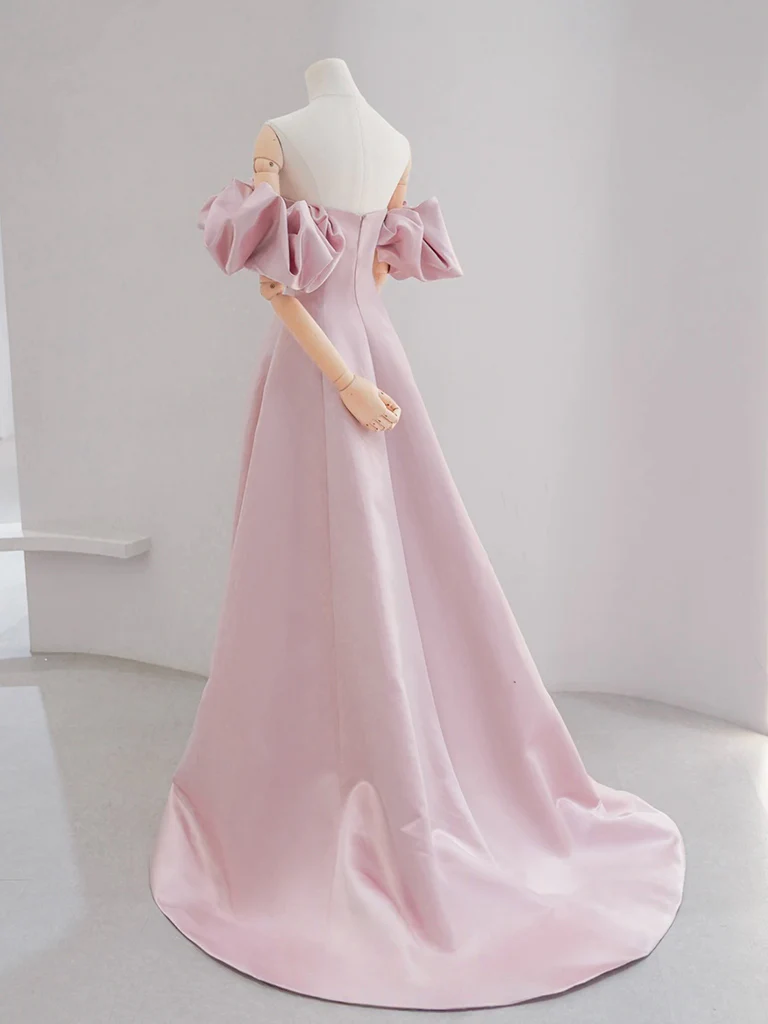 A-line Puff Sleeves Satin Pink Long Prom Dress, Pink Long Formal Dress - Deanwangkt
