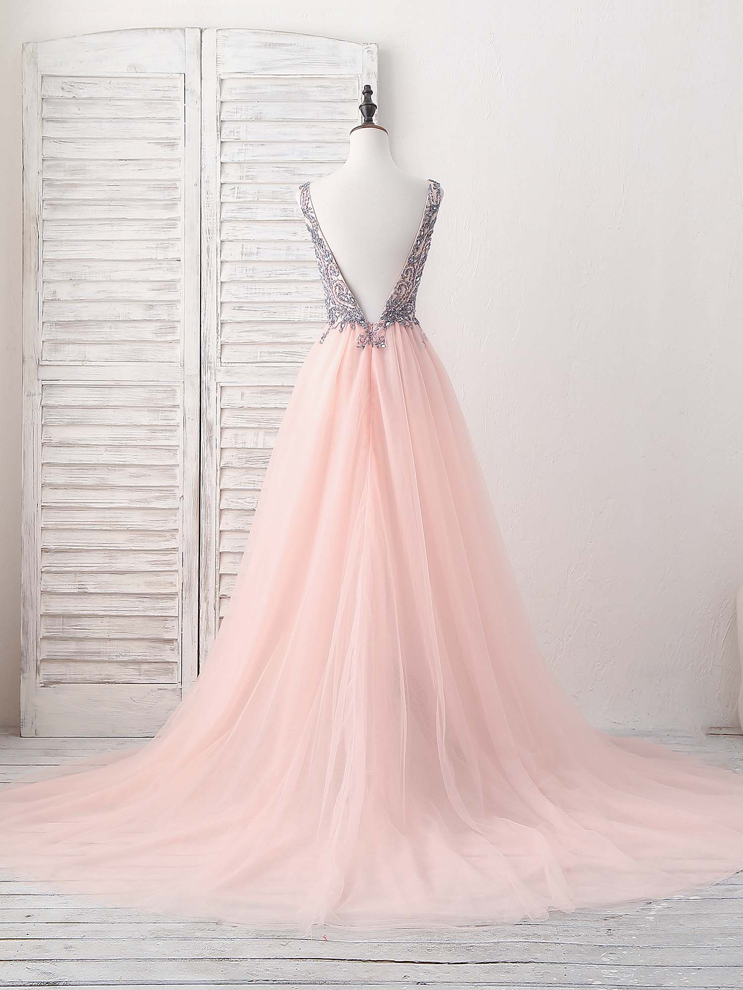 Pink V Neck Tulle Beads Long Prom Dress, Pink Evening Dress - Deanwangkt