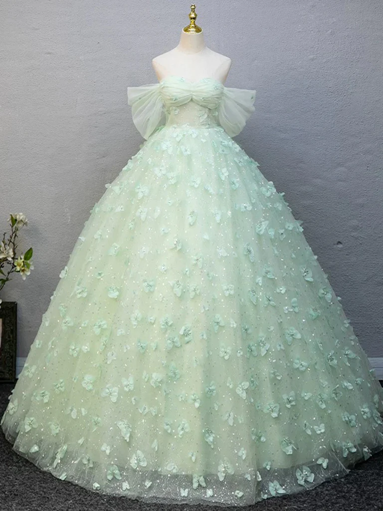 A-Line Tulle Lace Green Long Prom Dress, Green Long Formal Dress - Deanwangkt