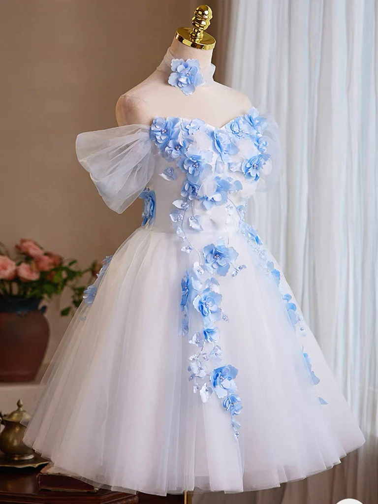 A-Line Tulle Flower White Short Prom Dress, White Homecoming Dress - Deanwangkt