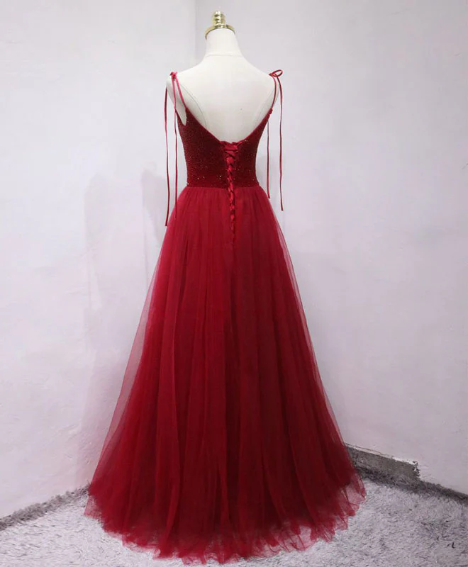 Burgundy tulle beads long prom dress, burgundy tulle formal dress - Deanwangkt