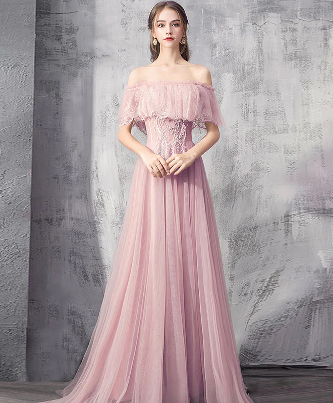 Pink Tulle Lace Long Prom Dress Pink Tulle Formal Dress - Deanwangkt