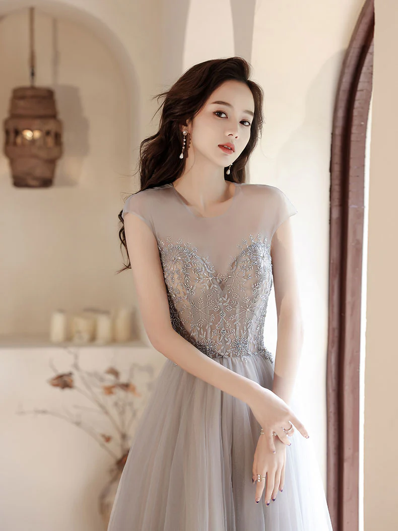 Gray Round Neck Tulle Beads Long Prom Dress, Gray Evening Dress - Deanwangkt