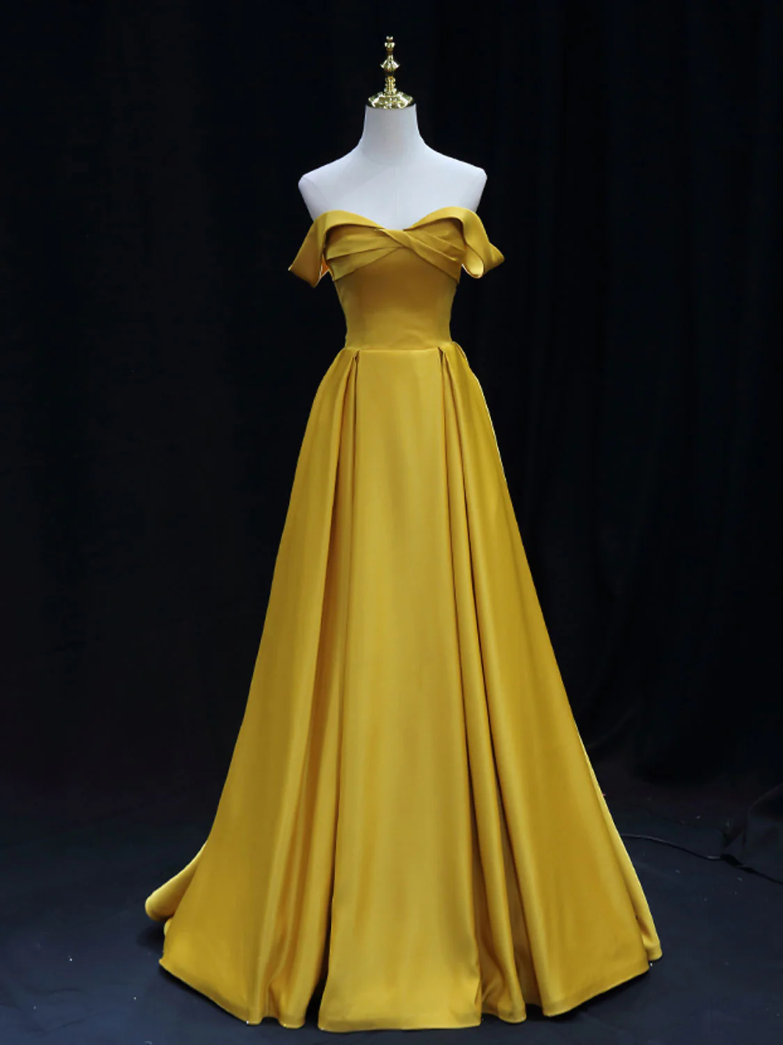 Simple Off Shoulder Yellow Satin Long Prom Dress, Yellow Formal Evening Dress - Deanwangkt