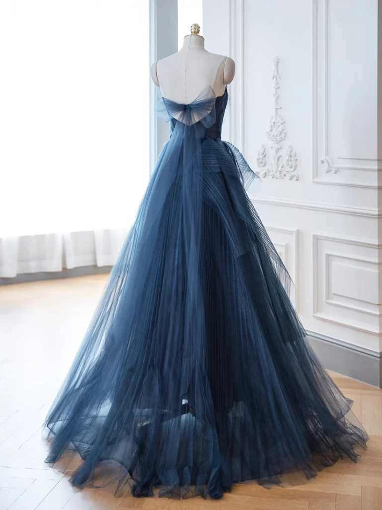 A- Line Tulle Sequin Dark Blue Long Prom Dress, Dark Blue Long Evening Dress - Deanwangkt