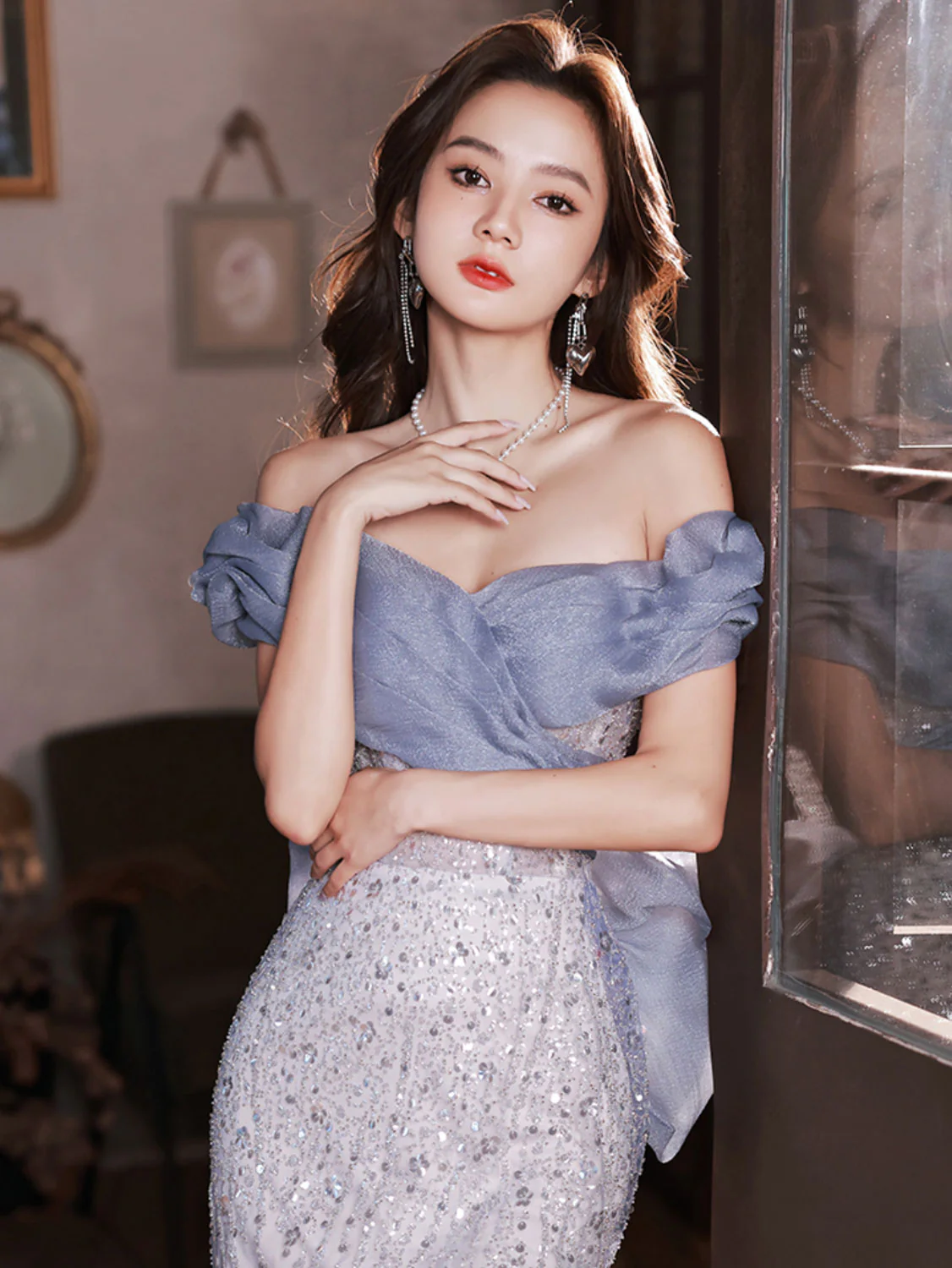 Blue Off Shoulder Tulle Sequin Mermaid Long Prom Dress, Blue Formal Dress - Deanwangkt