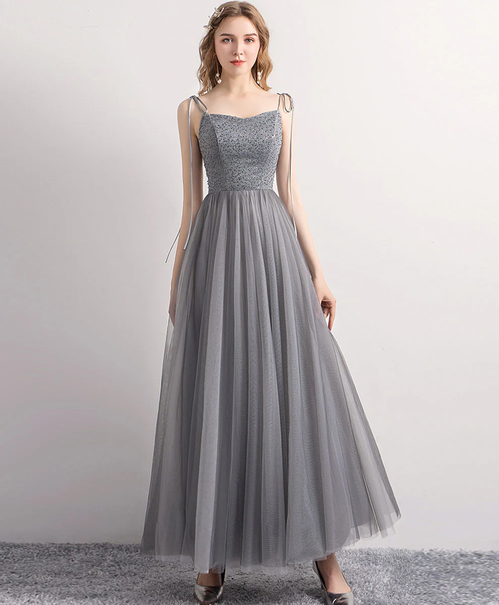 Gray Tulle Sequin Tea Length Prom Dress Gray Tulle Formal Dress - Deanwangkt