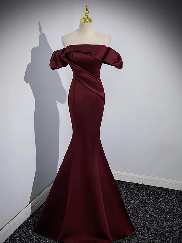 Mermaid off Shoulder Satin Burgundy Long Prom Dress, Burgundy Formal Dress - Deanwangkt