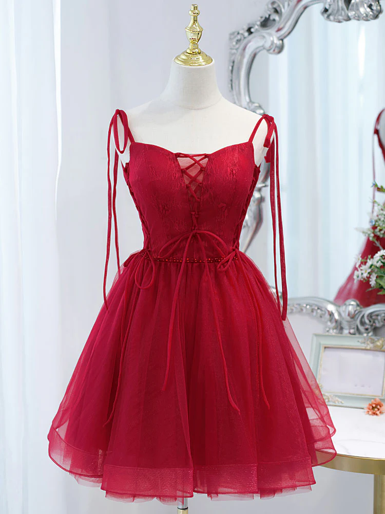 Cute Burgundy Tulle Lace Short Prom Dress, Lace Burgundy Puffy Homecoming Dress - Deanwangkt