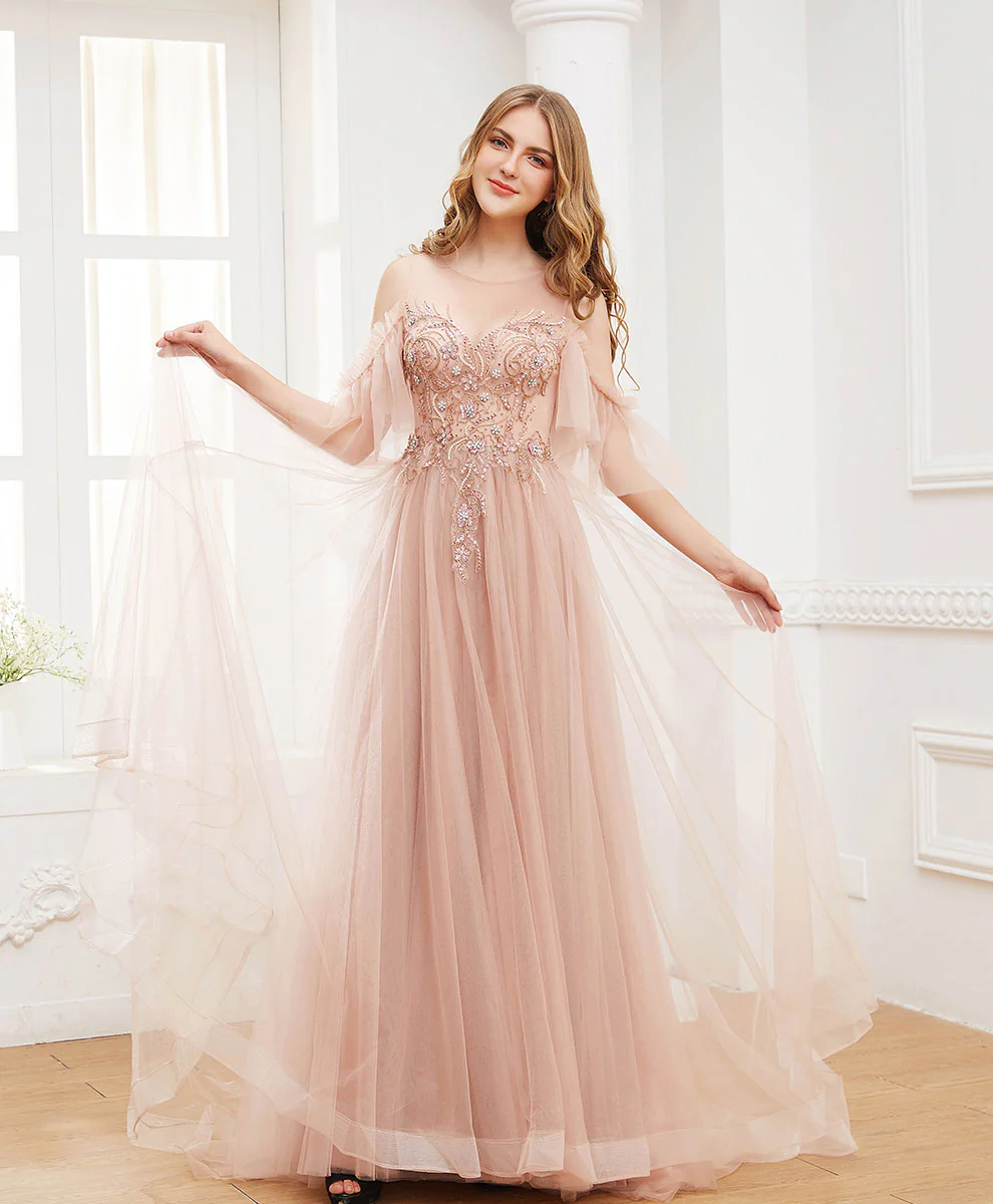 Pink Round Neck Tulle Beads Long Prom Dress Formal Dress - Deanwangkt