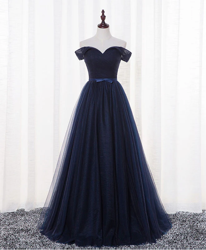 Dark Blue A Line Tulle Long Prom Dress, Evening Dress - Deanwangkt
