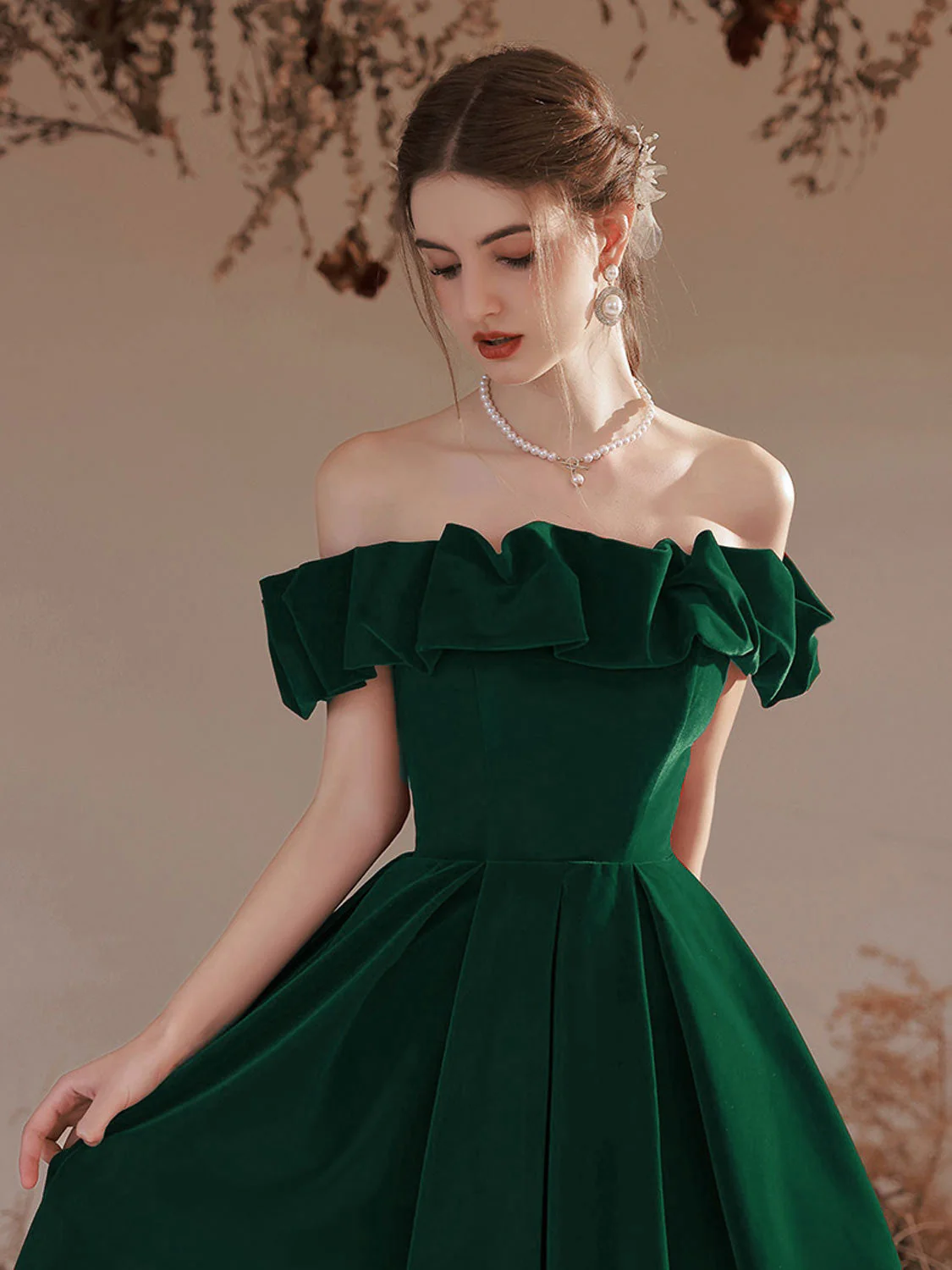 A-Line Off Shoulder Velvet Green Long Prom Dress, Green Formal Evening Dress - Deanwangkt