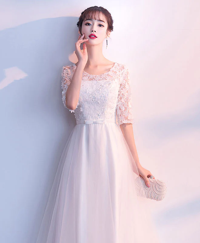 White Tulle Lace Long Prom Dress, White Tulle Lace Evening Dress - Deanwangkt