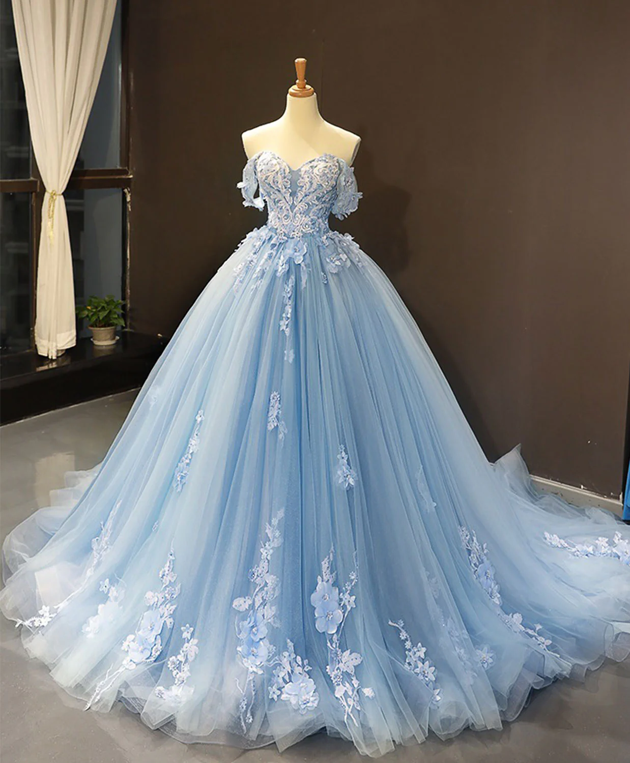 Blue Off Shoulder Tulle Lace Long Prom Dress, Blue Formal Ball Gown Evening Dress - Deanwangkt