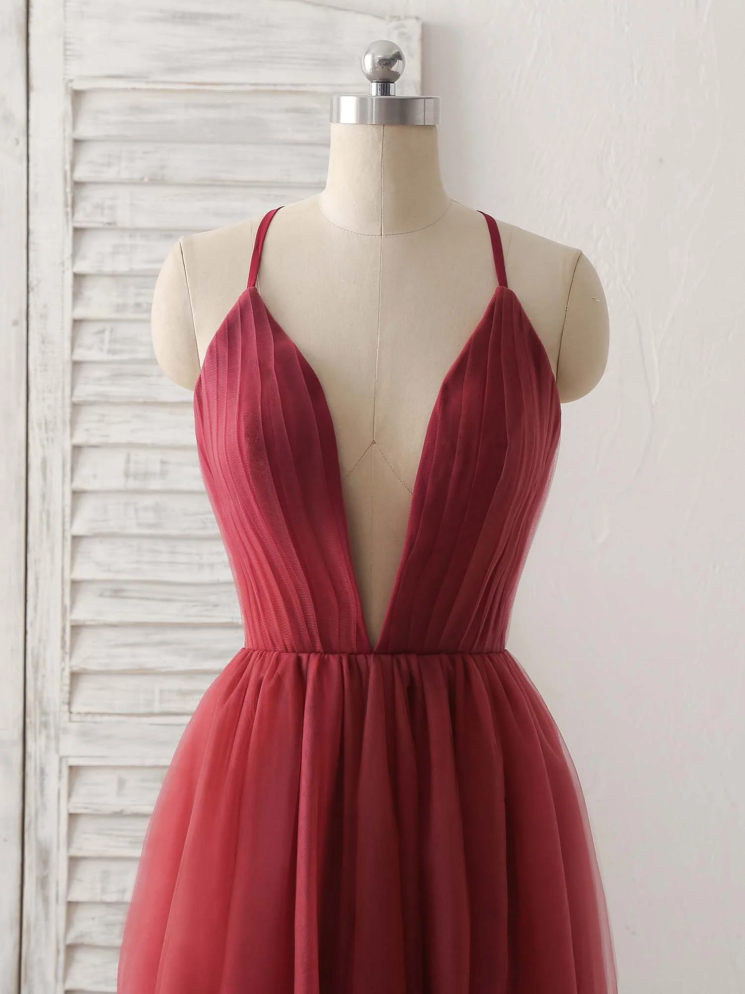 Burgundy V Neck Tulle Long Prom Dress, Burgundy Evening Dress - Deanwangkt