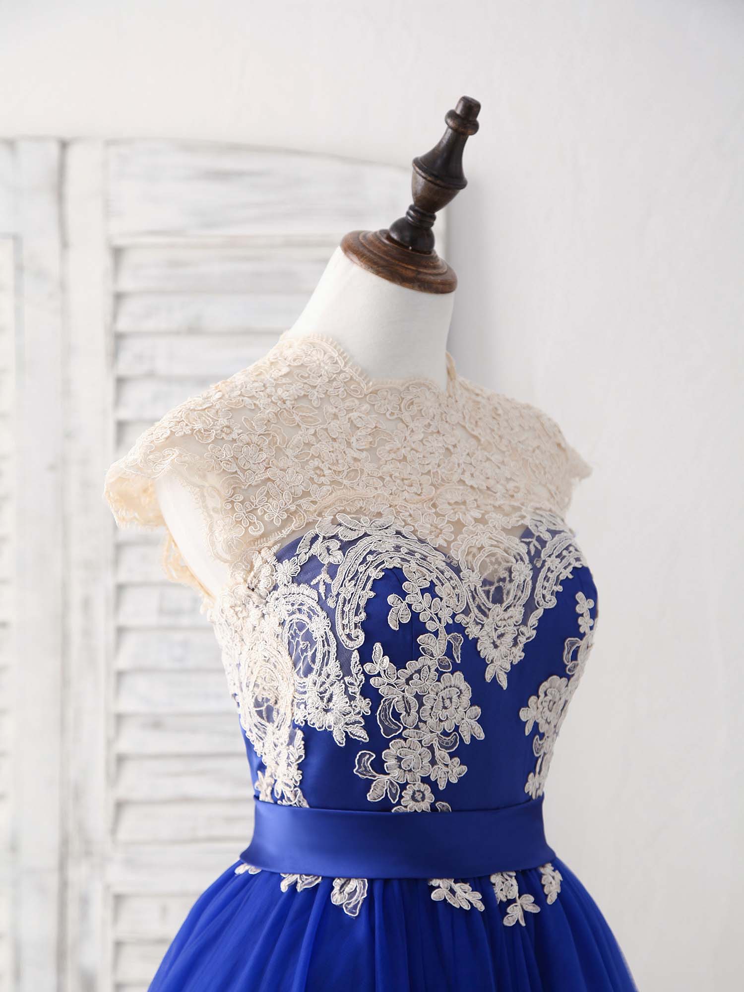 Unique Blue Tulle Lace Applique Short Prom Dress, Blue Bridesmaid Dress - Deanwangkt