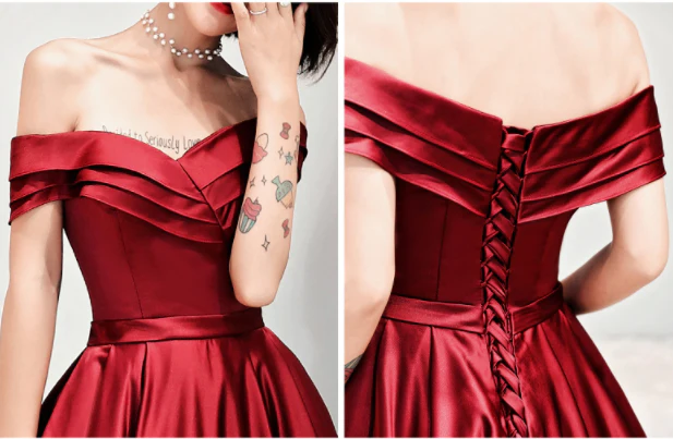 Burgundy V Neck Off Shoulder Long Prom Dress, Evening Dress - Deanwangkt