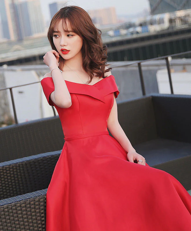 Simple Red Off Shoulder Tea Length Prom Dress, Red Evening Dress - Deanwangkt