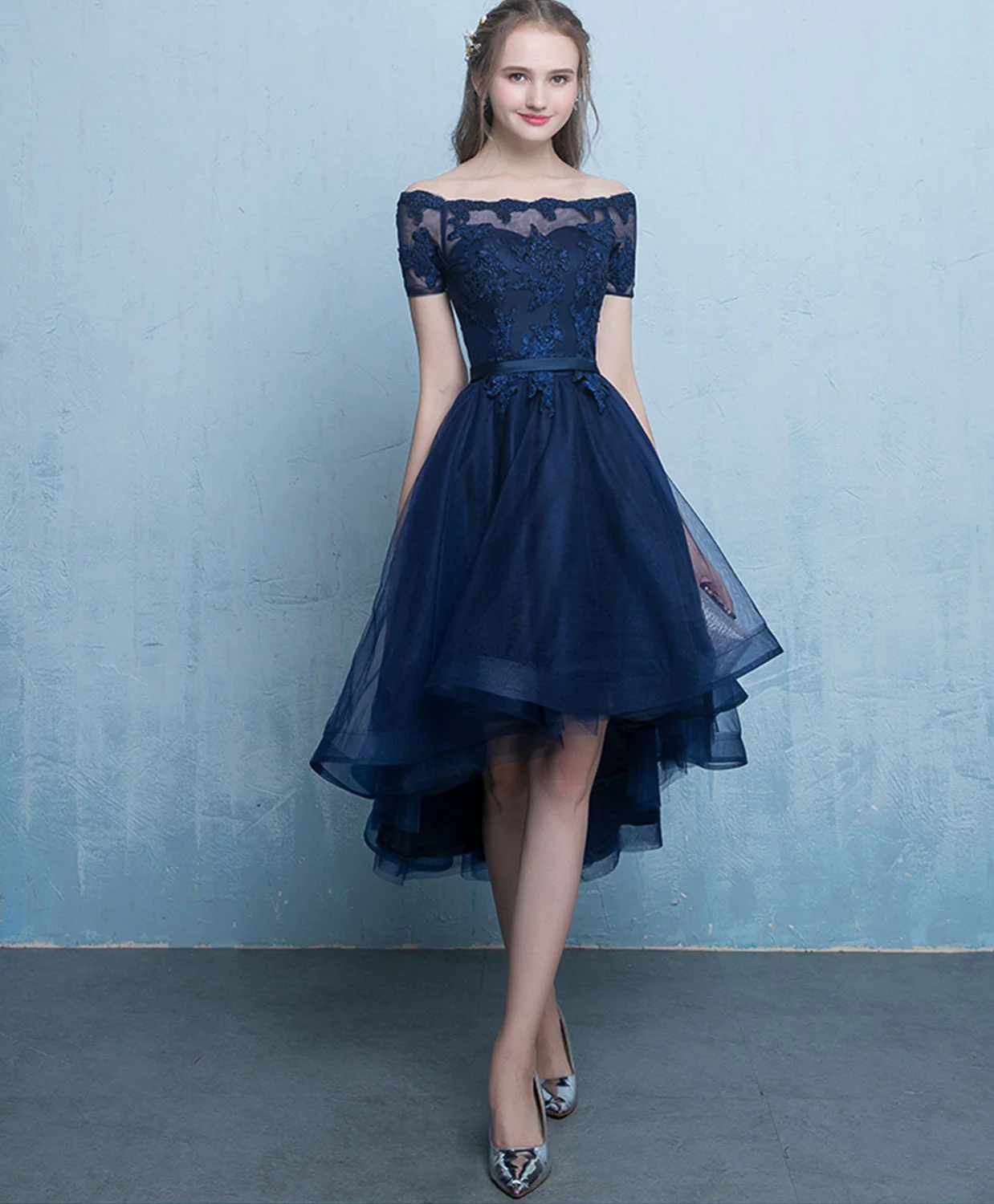 Dark Blue Lace Tulle Short Prom Dress, High Low Evening Dress - Deanwangkt