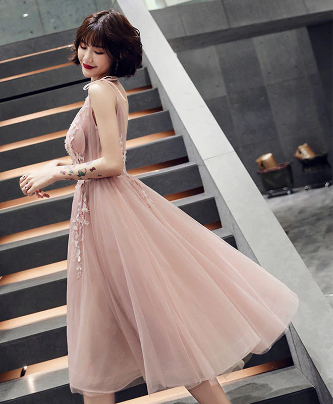 Simple Pink V Neck Tulle Short Prom Dress, Pink Homecoming Dress - Deanwangkt