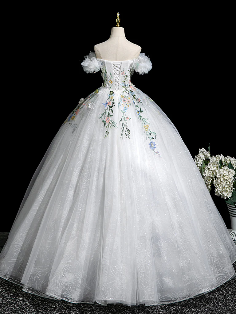 A-Line Tulle Lace White Long Prom Dress, White Long Evening Dress - Deanwangkt
