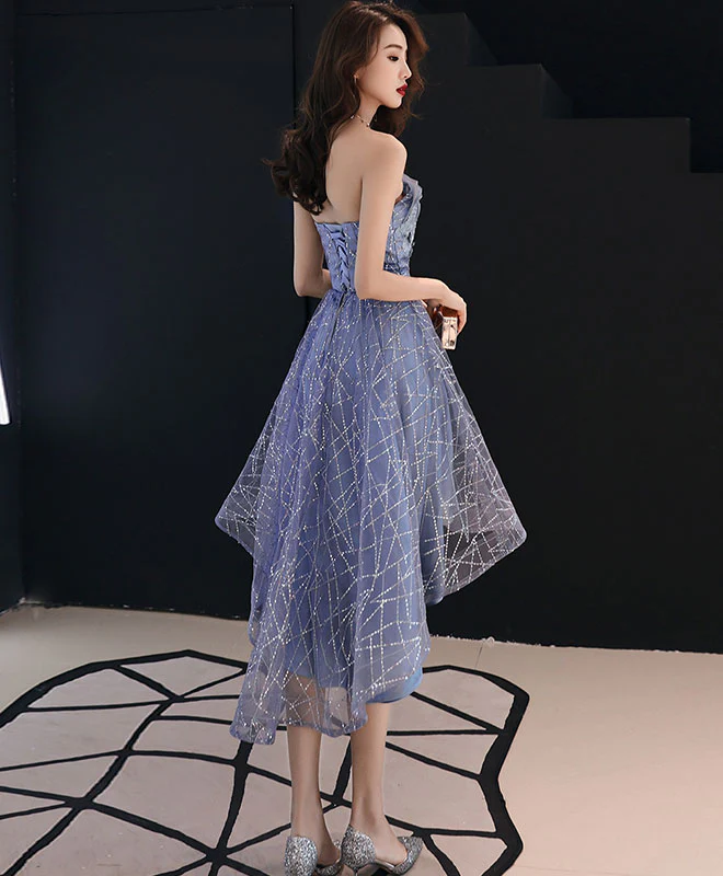 Blue Tulle Lace Short Prom Dress, Blue Evening Dress - Deanwangkt