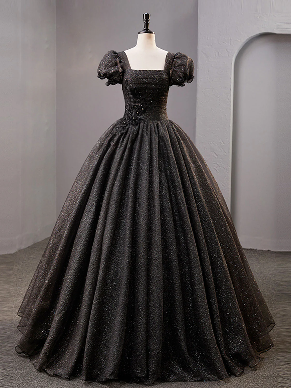 Black Square Neckline Tulle Long Prom Dresses, Shiny Tulle Black Evening Dress - Deanwangkt