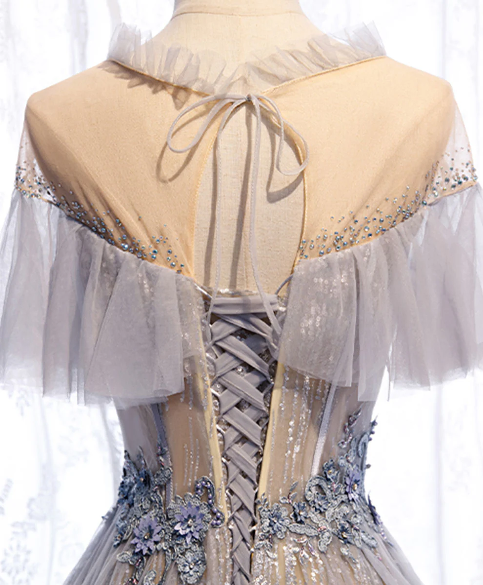 Gray Tulle Lace Long Prom Dress, Gray Tulle Formal Dress - Deanwangkt