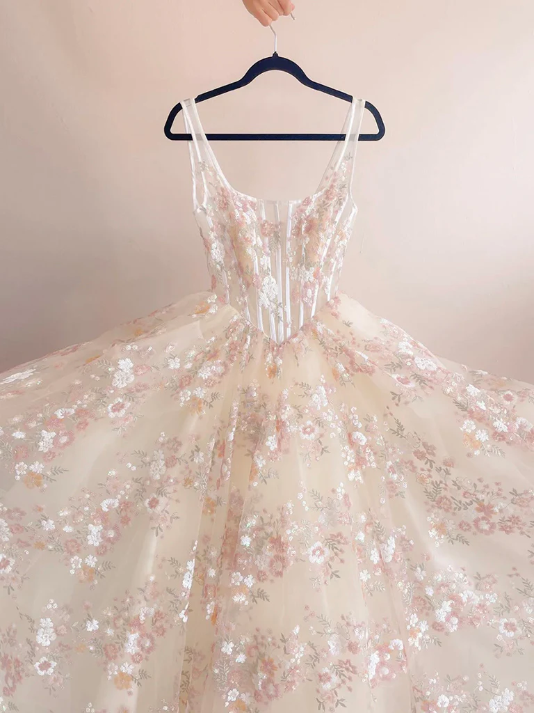 A-Line Tulle Lace Pink Long Prom Dress, Pink Lace Long Formal Dress - Deanwangkt