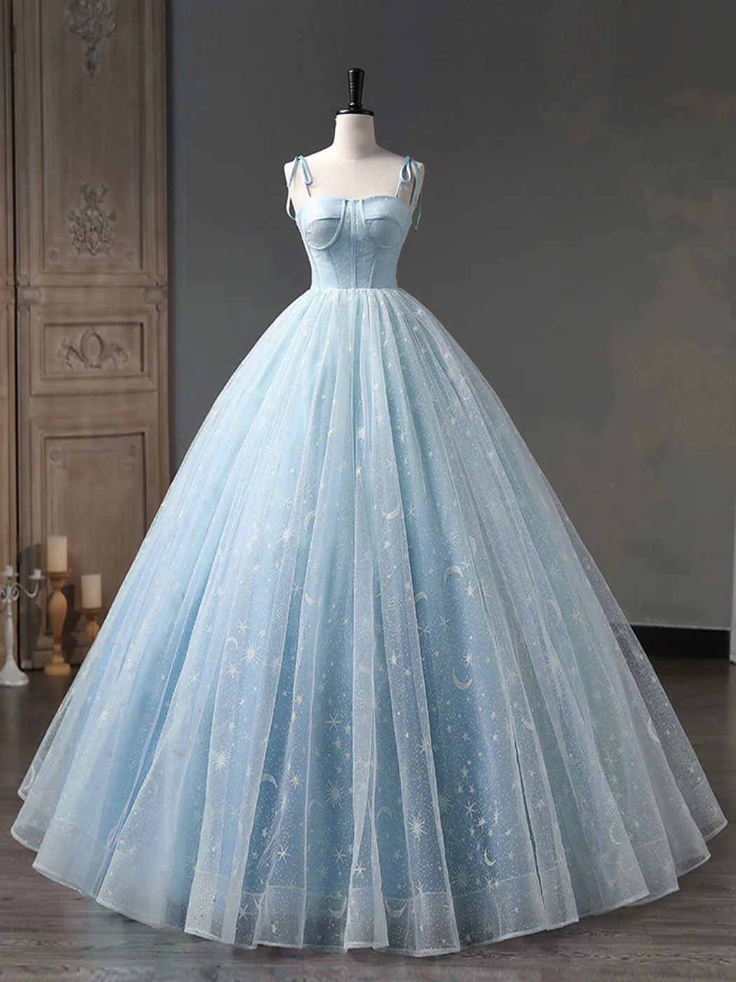 Blue A-Line Tulle Long Prom Dress, Blue Formal Sweet 16 Dress - Deanwangkt