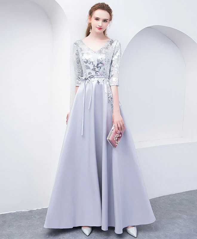 Gray V Neck Sequin Long Prom Dress, Gray Evening Dress - Deanwangkt