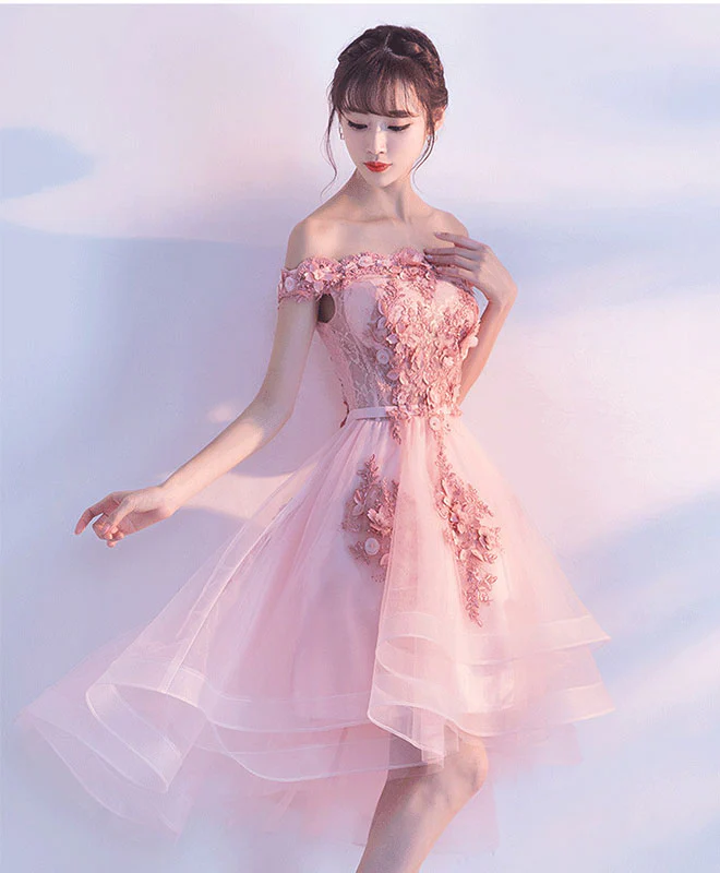 Cute Pink Lace Tulle Short Prom Dress, Pink Party Dress - Deanwangkt