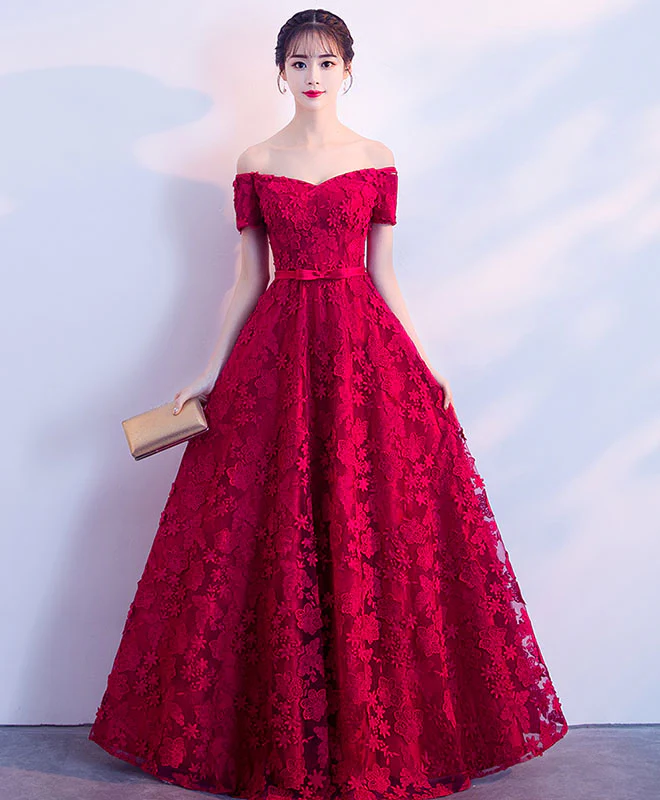 Burgundy Lace Long Prom Dress, Burgundy Lace Evening Dress - Deanwangkt