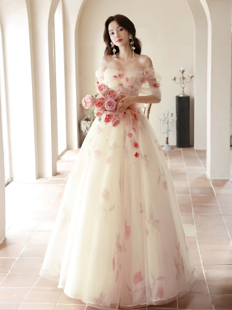 A-Line Off Shoulder Tulle Champagne Long Prom Dress, Champagne Long Formal Dress - Deanwangkt
