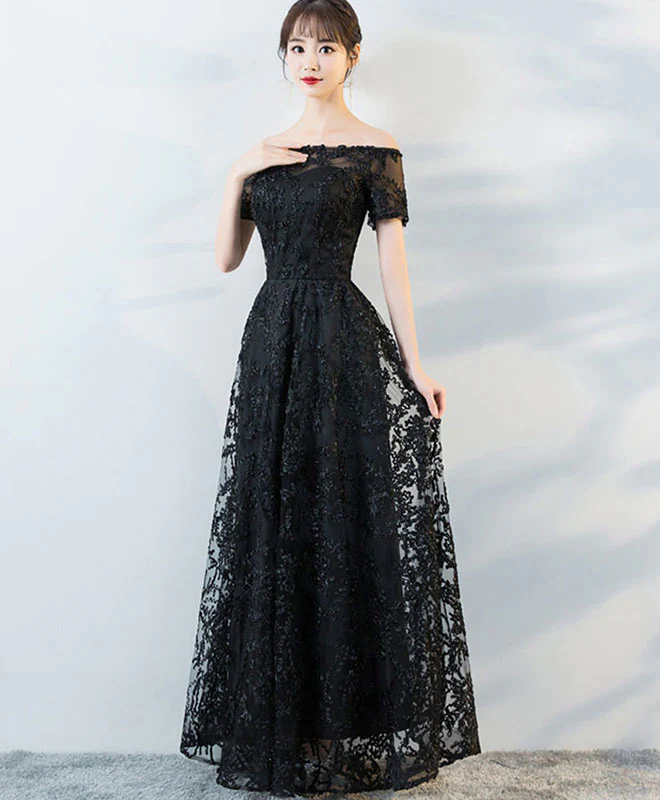 Black Tulle Lace Long Prom Dress, Black Lace Evening Dress - Deanwangkt