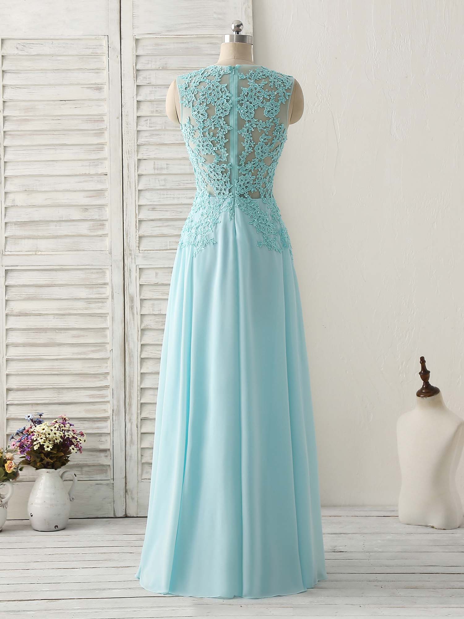 Blue Round Neck Lace Chiffon Long Prom Dress, Blue Long Formal Dresses - Deanwangkt