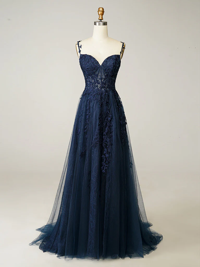 A-Line Sweetheart Neck Tulle Lace Dark Blue Long Prom Dress, Dark Blue Long Formal Dress - Deanwangkt