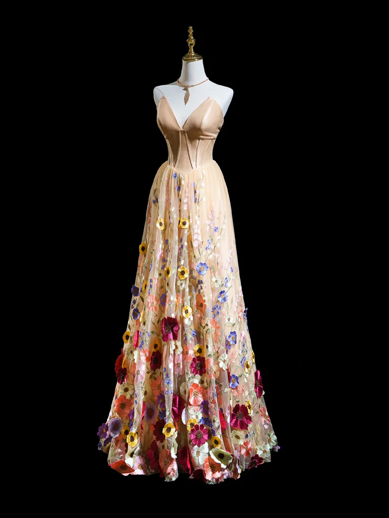 A-Line V Neck Tulle Lace Champagne Long Prom Dress, Champagne Formal Dress - Deanwangkt